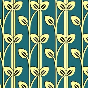 Art Deco Vines in Yellow-Green on Cerulean Blue