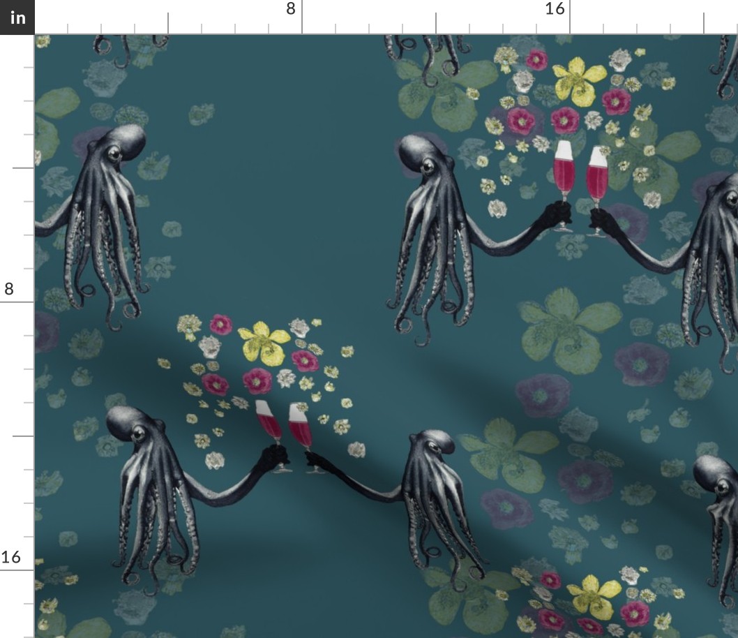 1553 ~ Cephalopod with Cabernet ~ Original ditzy floral, teal