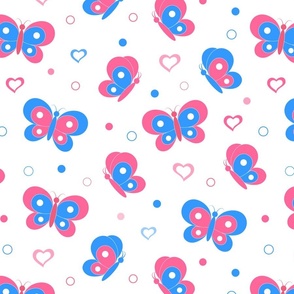 Pink and blue butterflies on white