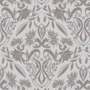 Floral Damask bark brown on light taube - medium scale 