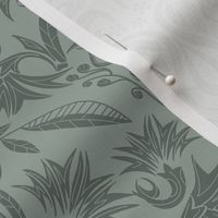 Floral Damask succulent green on sage green - small scale 