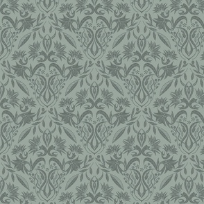 Floral Damask succulent green on sage green - small scale 