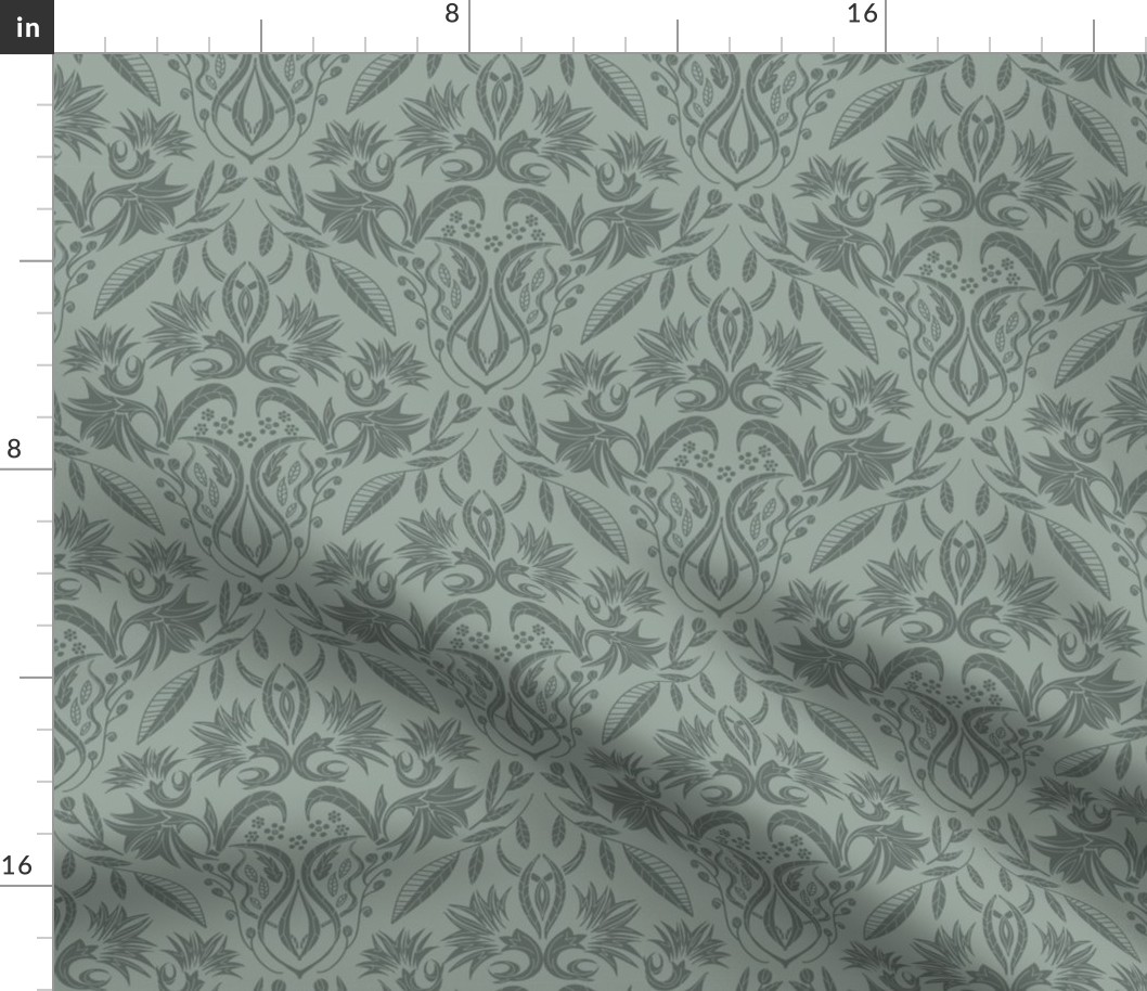 Floral Damask succulent green on sage green - small scale 