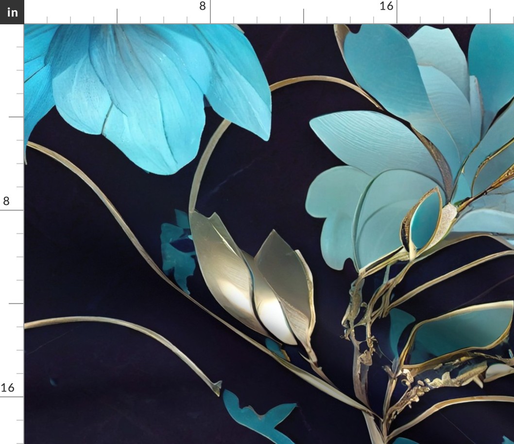 Teal Blue And Gold Elegant Flower Pattern