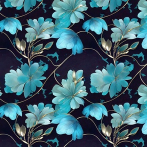 Teal Blue And Gold Elegant Flower Pattern Smaller Scale