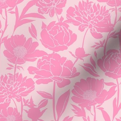 Peonies silhouette floral - Pink peony flowers on a light pink background - medium 