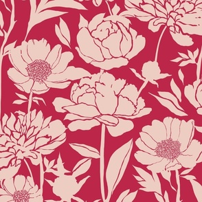 Peonies silhouette floral -  Pale Dogwood peony flowers on a Viva Magenta (Pantone color of the year 2023) pink red background - large