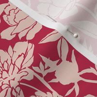 Peonies silhouette floral -  Pale Dogwood peony flowers on a Viva Magenta (Pantone color of the year 2023) pink red background - medium