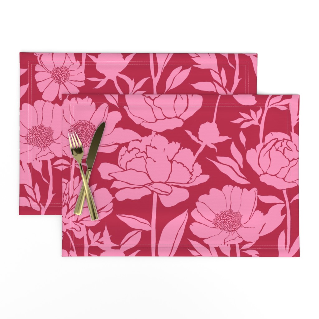 Peonies silhouette floral - Pink peony flowers on a Viva Magenta (Pantone color of the year 2023) pink red background - large wallpaper /bedding size 