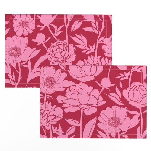 Peonies silhouette floral - Pink peony flowers on a Viva Magenta (Pantone color of the year 2023) pink red background - large wallpaper /bedding size 