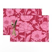 Peonies silhouette floral - Pink peony flowers on a Viva Magenta (Pantone color of the year 2023) pink red background - large wallpaper /bedding size 