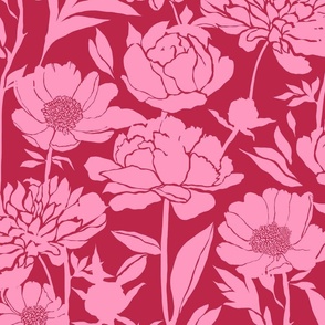 Peonies silhouette floral - Pink peony flowers on a Viva Magenta (Pantone color of the year 2023) pink red background - large wallpaper /bedding size 
