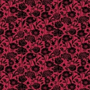 Peonies silhouette floral -  Black peony flowers on a Viva Magenta (Pantone color of the year 2023) pink red background - extra small
