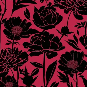 Peonies silhouette floral -  Black peony flowers on a Viva Magenta (Pantone color of the year 2023) pink red background - large