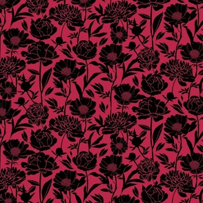 Peonies silhouette floral -  Black peony flowers on a Viva Magenta (Pantone color of the year 2023) pink red background - medium