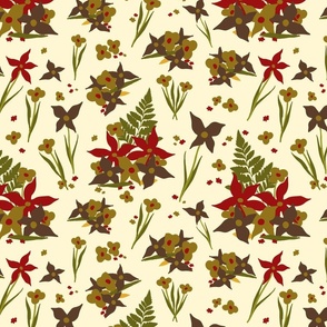 Fall Fern Floral - red on cream - Christmas green gold lily