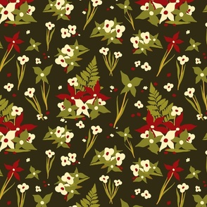 Fall Fern Floral - red on green - Christmas cream gold lily
