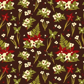 Fall Fern Floral - red on brown - Christmas green cream lily