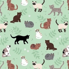 Cat friends garden - sweet kittens in various breeds kawaii pet design kids on mint green 