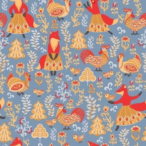 dancing foxes, chickens and roosters
