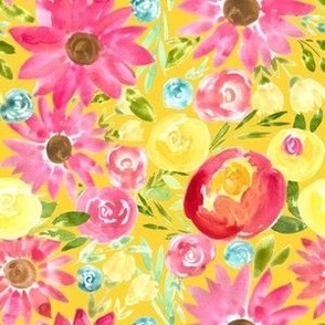 maximalist bold yellow pink florals on golden yellow - small 