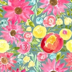 maximalist bold yellow pink florals on gray blue - small 