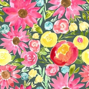 maximalist bold yellow pink florals on dark blue - medium 