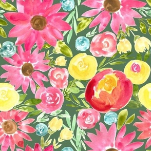 maximalist bold yellow pink florals on blue-green - medium 