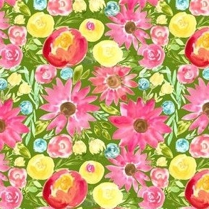 maximalist bold yellow pink florals on bright green - small