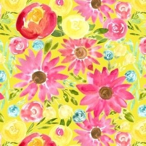 maximalist bold yellow pink florals on happy yellow - small 