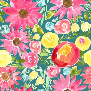 maximalist bold yellow pink florals on teal - large 