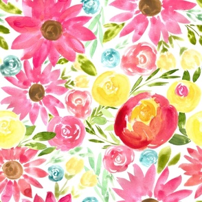 maximalist bold yellow pink florals on white - large