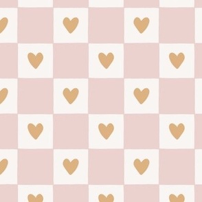 retro love heart checker board - blush pink, orange and cream - medium
