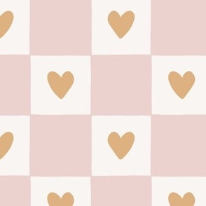 retro love heart checker board - blush pink, orange and cream - Large