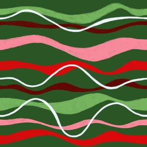 Wavy holiday stripes in pink, red, light green and white on dark green - large