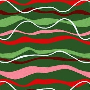 Wavy holiday stripes in pink, red, light green and white on dark green - small