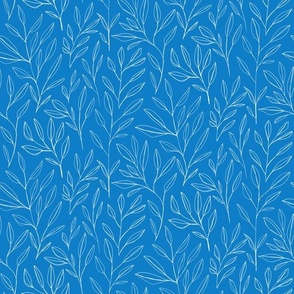 Leaves and Stems Line Work || White on Bluebell Blue Outdoor Oasis Collection by Sarah Price