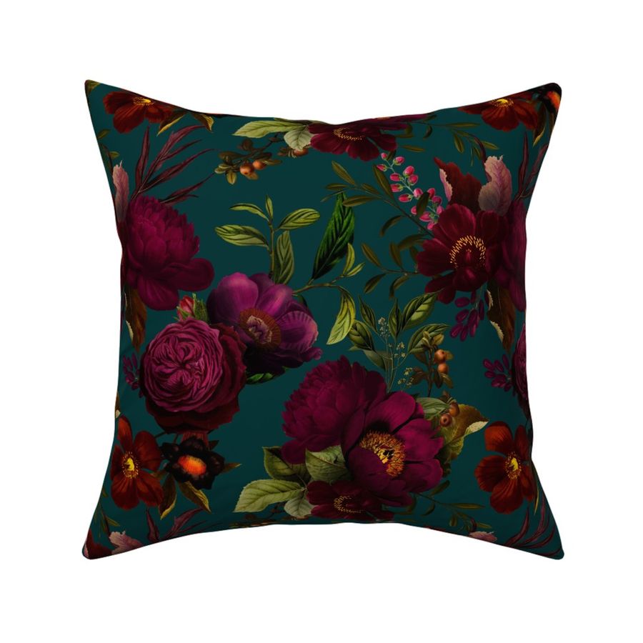 Vintage Dramatic Glamour Summer Romanticism: Maximalism Bold Moody Florals For A Powder room - Grand Millennial burgundy Roses and Nostalgic Gothic Mystic Night Flowers 8-  Antique Botany Victorian Goth -Teal Nature