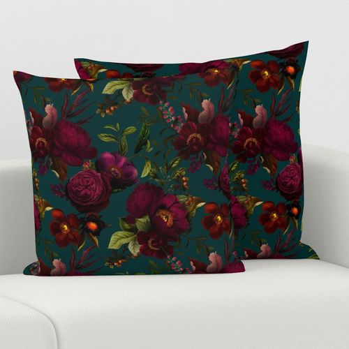 Vintage Dramatic Glamour Summer Romanticism: Maximalism Bold Moody Florals For A Powder room - Grand Millennial burgundy Roses and Nostalgic Gothic Mystic Night Flowers 8-  Antique Botany Victorian Goth -Teal Nature