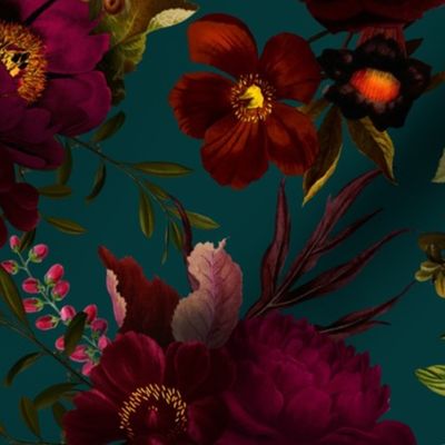 Vintage Summer Romanticism: Maximalism Bold Moody Florals for a powder room - Antiqued burgundy Roses and Nostalgic Gothic Mystic Night 8-  Antique Botany Wallpaper and Victorian Goth Mystic inspired on Blue Teal