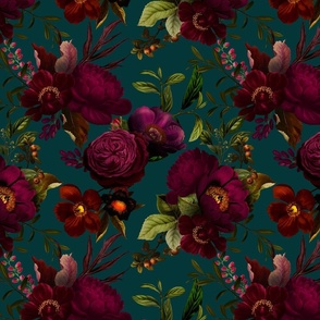 Vintage Summer Romanticism: Maximalism Bold Moody Florals for a powder room - Antiqued burgundy Roses and Nostalgic Gothic Mystic Night 8-  Antique Botany Wallpaper and Victorian Goth Mystic inspired on Blue Teal