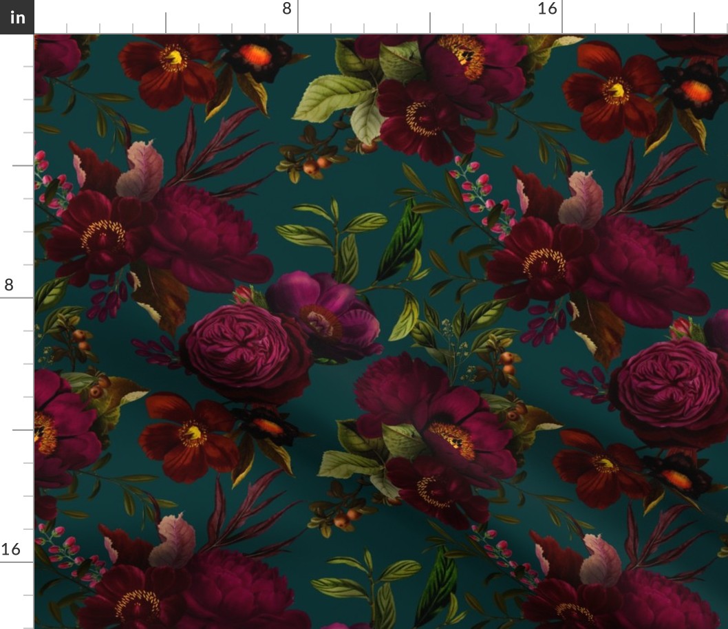 Vintage Summer Romanticism: Maximalism Bold Moody Florals for a powder room - Antiqued burgundy Roses and Nostalgic Gothic Mystic Night 8-  Antique Botany Wallpaper and Victorian Goth Mystic inspired on Blue Teal