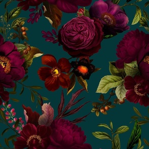 Large - Vintage Summer Romanticism: Maximalism Bold Moody Florals - Antiqued burgundy Roses and Nostalgic Gothic Mystic Night 8-  Antique Botany Wallpaper and Victorian Goth Mystic inspired on Blue Teal