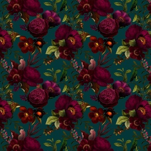 Small - Vintage Summer Romanticism: Maximalism Bold Moody Florals - Antiqued burgundy Roses and Nostalgic Gothic Mystic Night 8-  Antique Botany Wallpaper and Victorian Goth Mystic inspired on Blue Teal