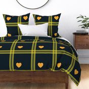 Yellow and grey plaid with orange hearts - Large scale