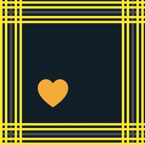 Yellow and grey plaid with orange hearts - Large scale