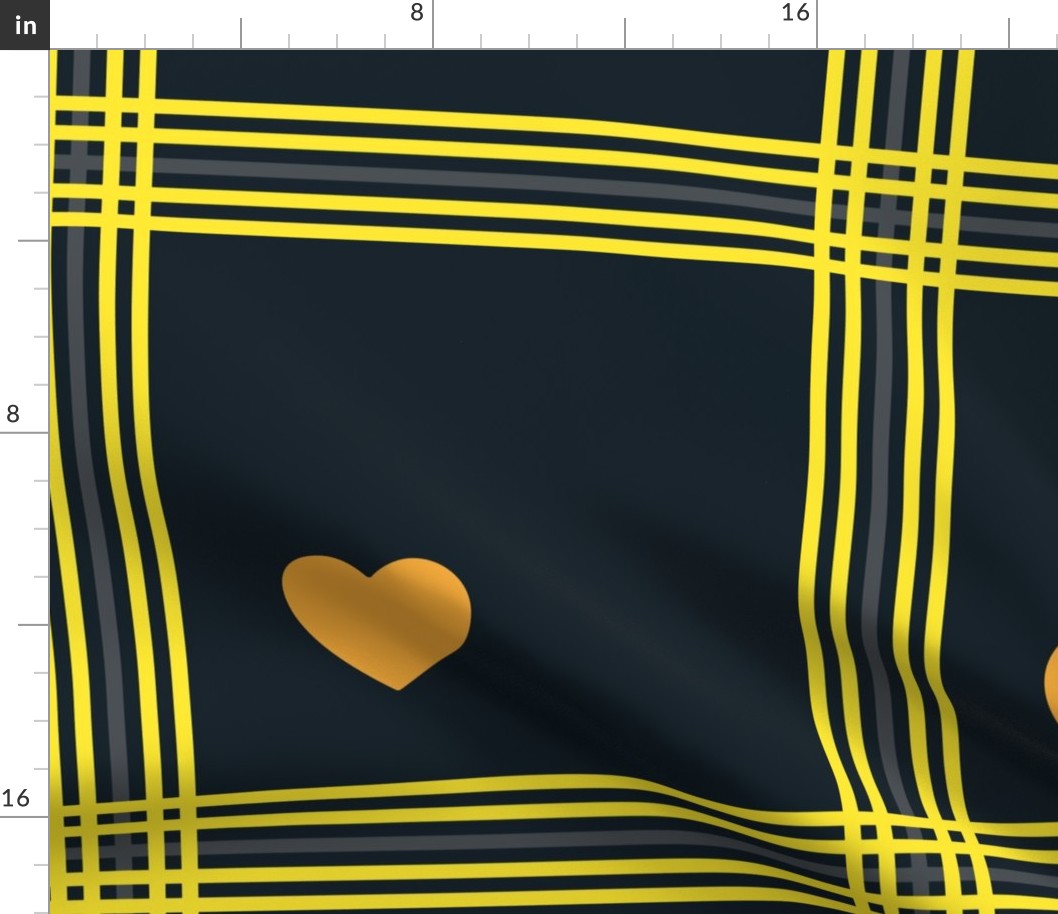 Yellow and grey plaid with orange hearts - Large scale