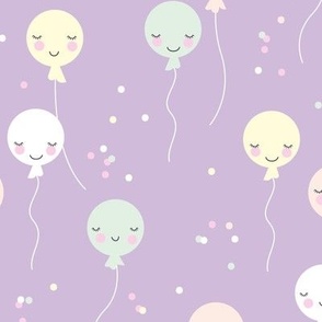 Cute Kawaii birthday party balloons - adorable smiley face celebration kids blush yellow mint on lilac 