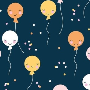 Cute Kawaii birthday party balloons - adorable smiley face celebration kids blush yellow pink on navy blue 