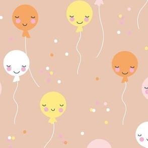 Cute Kawaii birthday party balloons - adorable smiley face celebration kids orange pink yellow on tan blush 